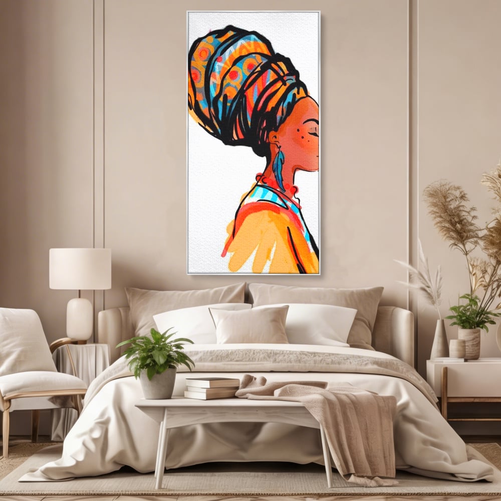 Tablou canvas cu ilustratie digitala cu profil de femeie, in rama de aluminiu argintiu, pe perete intr-un dormitor
